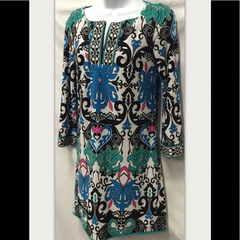 LAUNDRY SHELLI SEGAL Dress Knit Boho Scarf Peasant Shift Geometric Split V Neck